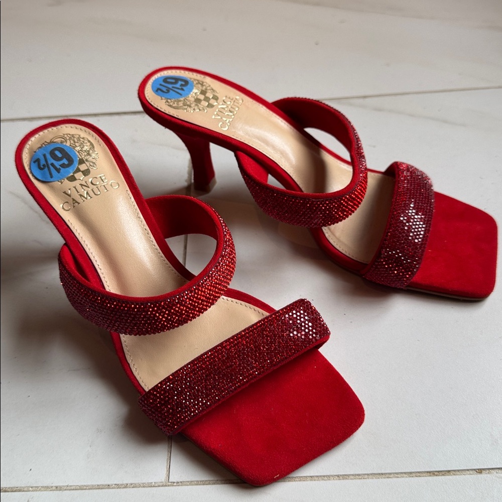 Vince Camuto Red Double-Strap Glitter Slide Heels 6 ½
